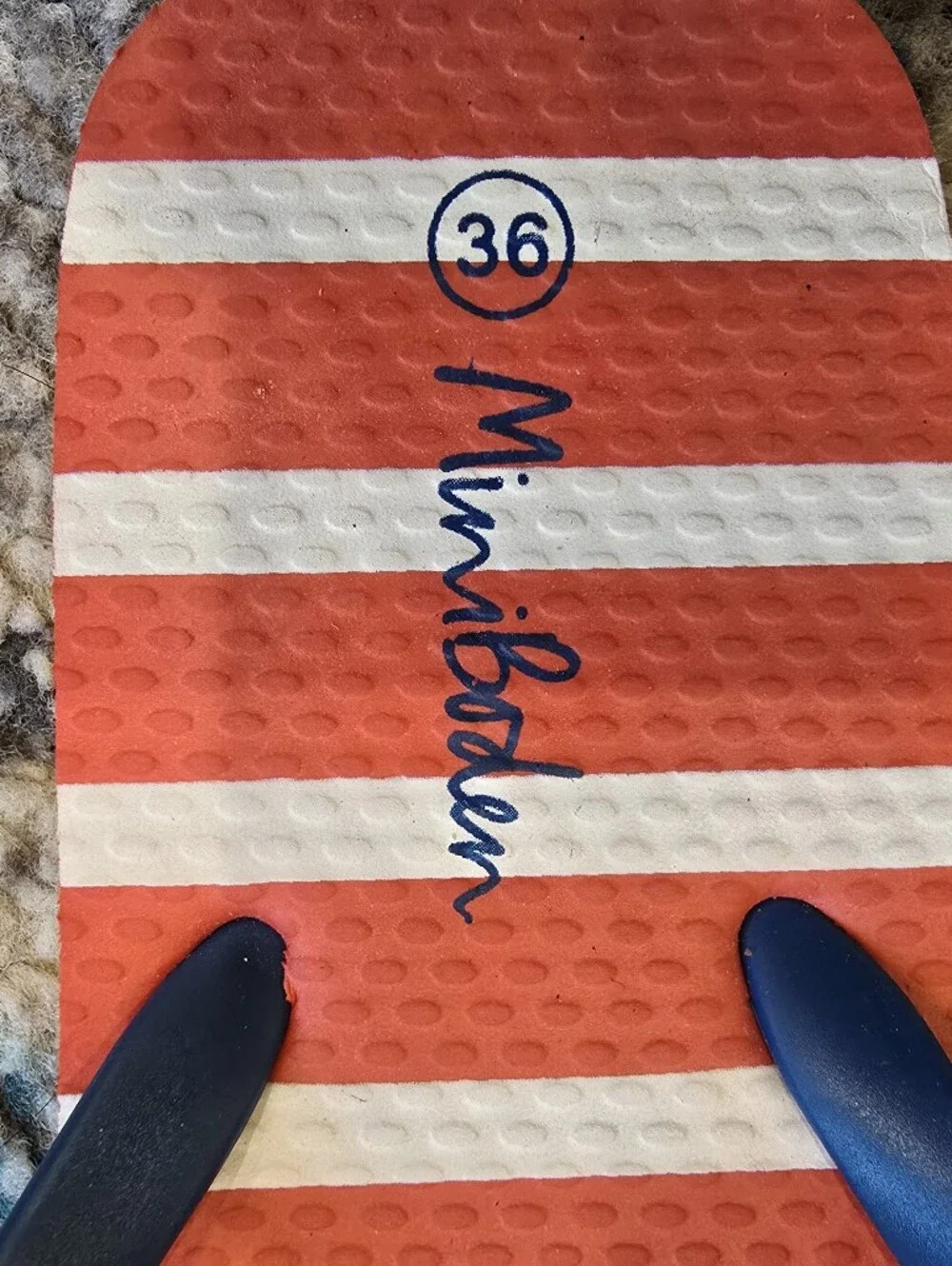 Brand New Mini Boden Striped Coral & White Flip Flops with Shark Accents